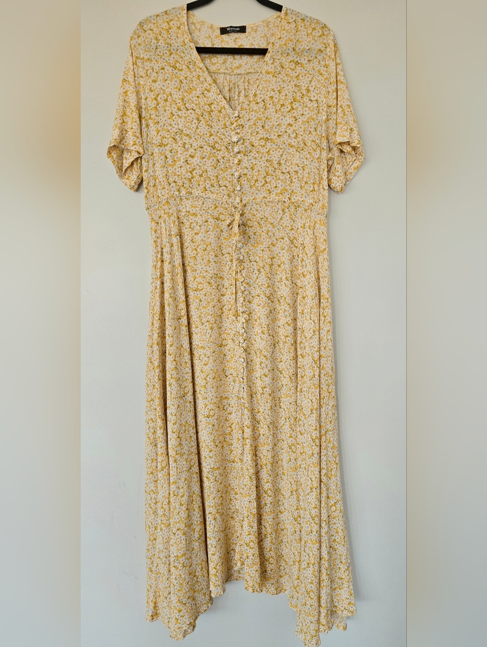 Yellow Floral Maxi Dress with Cloth Front Buttons. Ladies Large. Boho. Beach